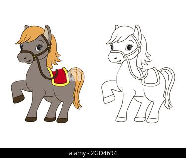 coloring book for kids, little funny horse with red saddle and yellow mane, vector , cartoon, line art Stock Vector