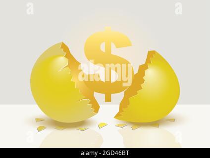 Golden money sign emerging from a cracked open golden egg. Creative vector illustration for concept on golden egg metaphor isolated on grey background Stock Vector