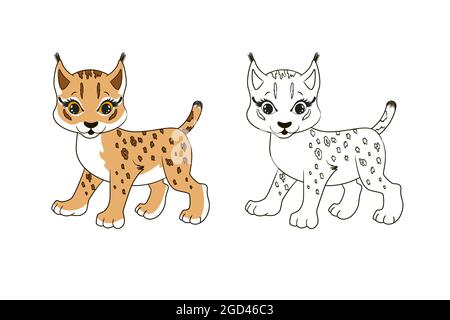 Little cute lynx with tassels on the ears. Coloring page for children. Vector illustration in cartoon style, isolated line art Stock Vector