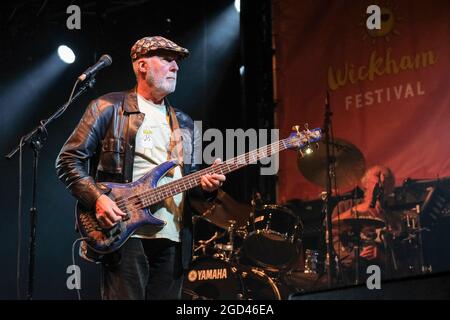 Bassist Dave 'Peggy' Pegg of Fairport Convention performing at Wickham Festival, Hampshire, UK. August 8, 2021 Stock Photo