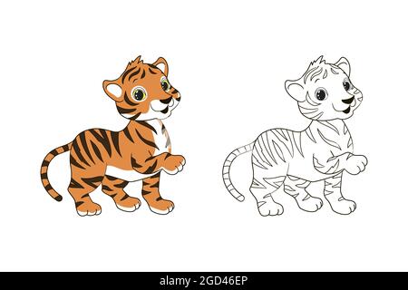 Coloring page for children, little striped tiger cub. Vector illustration in cartoon style, isolated line art Stock Vector