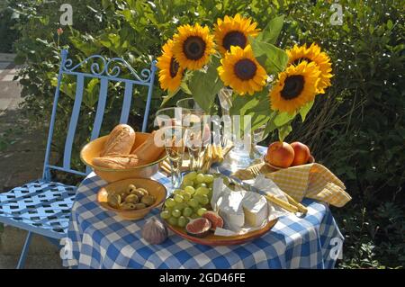 botany, sunflowers in a vase on a table with blue check tablecloth. Baguette, nectarines, ADDITIONAL-RIGHTS-CLEARANCE-INFO-NOT-AVAILABLE Stock Photo