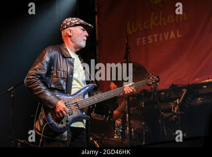 Bassist Dave 'Peggy' Pegg of Fairport Convention performing at Wickham Festival, Hampshire, UK. August 8, 2021 Stock Photo