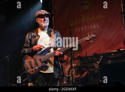 Bassist Dave 'Peggy' Pegg of Fairport Convention performing at Wickham Festival, Hampshire, UK. August 8, 2021 Stock Photo