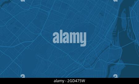 Dark blue Montreal City area vector background map, streets and water cartography illustration. Widescreen proportion, digital flat design streetmap. Stock Vector