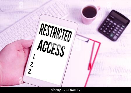 Text showing inspiration Restricted Access. Word Written on A class of service in which users may be denied access Typing New Ideas Business Planning Stock Photo