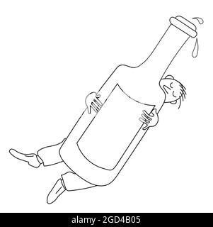 Alcoholism. Caricature of an alcoholic. A man falls asleep and falls in a hug with a bottle Stock Vector