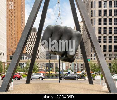 The Monument to Joe Louis, heavyweight champion 1937-50, known also as The  Fist, the memorial to the boxer, on Woodward & Jefferson, in Michigan, USA  Stock Photo - Alamy