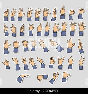 icon sets of businessman hand with gesture signs and drop shadow in stickers or badges style isolated on gray background Stock Vector