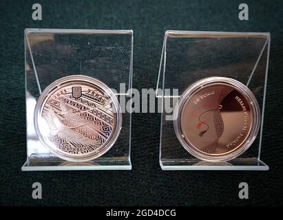 Non Exclusive: KYIV, UKRAINE - AUGUST 10, 2021 - The obverse and reverse of the 30th Anniversary of the Independence of Ukraine UAH5  commemorative co Stock Photo