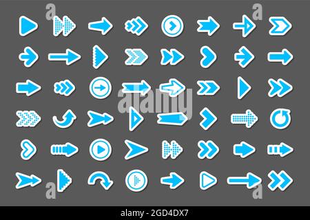 Colorful arrow stickers set. Blue cursor icons, pointers collection. Simple arrows in different shapes. Next, back web signs. Vector illustration. Stock Vector