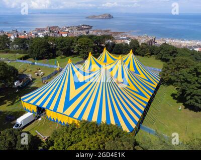 View of the Belhaven Big Top a venue of the Fringe by the Sea festival in North Berwick, East Lothian. The festival runs until 15th August. Stock Photo