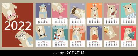 design Annual calendar for 2022. set of 12 pages and a cover with a cute bear in English. Vector illustration. vertical template. Week From Monday. Fu Stock Vector
