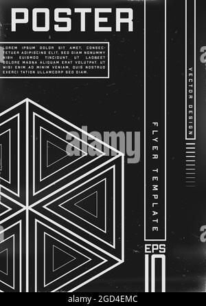 Retrofuturistic poster design. Cyberpunk 80s style poster with hexagon geometry shape with consist of triangles. Shabby scratched flyer template for Stock Vector