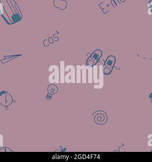 Back to school seamless outline pattern. Different school supplies and tools background. Education pattern for wrappers, textile, background. Bag, clo Stock Vector
