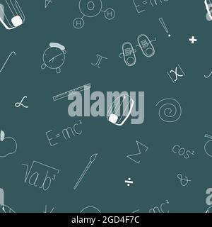 Back to school seamless outline pattern. Different school supplies and tools background. Education pattern for wrappers, textile, background. Bag, clo Stock Vector