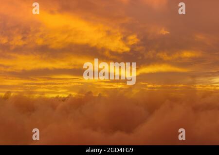 view to soft yellow sky above fluffy clouds Stock Photo