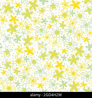 Retro ditsy scribbled doodle flower vector seamless pattern background. Dense millefleur style hand drawn florals on black backdrop. Yellow, blue Stock Vector