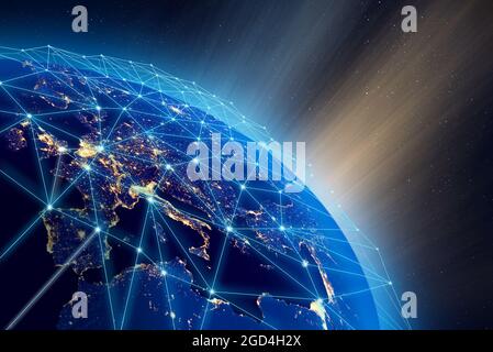 Planet Earth, city lights and worldwide digital network infrastructure. Some elements of the image furnished by NASA. Stock Photo