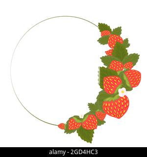Semicircular frame with strawberries, foliage, flowers and place for text. Border with summer berries for the menu. Vector template with bunch of frui Stock Vector