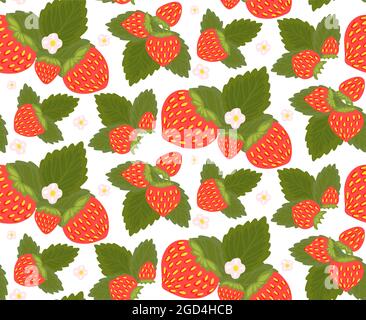 Seamless pattern with strawberries, foliage and small flowers. Summer texture with hand drawn berries on bush. Natural wallpaper with bunch of fruits Stock Vector