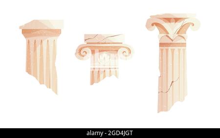 Antique broken Greek columns. Ancient Roman pillar. Building design elements. Stock Vector