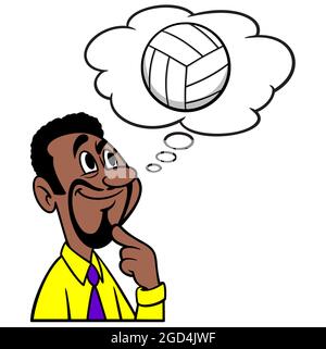 Man thinking about playing Volleyball - A cartoon illustration of a man thinking about a game of Volleyball. Stock Vector