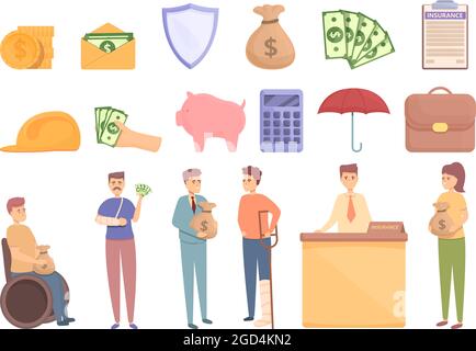Compensation icons set cartoon vector. Pension money. Fund plan Stock Vector