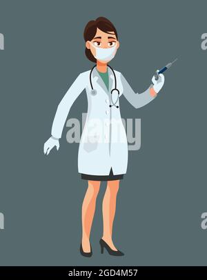 Female doctor holding syringe. Woman in cartoon style. Stock Vector
