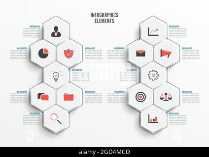 Vector infographic template with 3D paper label, integrated circles. Business concept with 14 options. For content, diagram, flowchart, steps, parts, Stock Vector