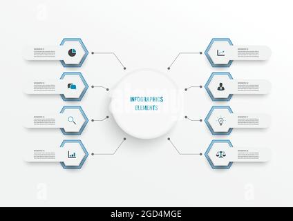Vector infographic template with 3D paper label, integrated circles. Business concept with 8 options. For content, diagram, flowchart, steps, parts. Stock Vector