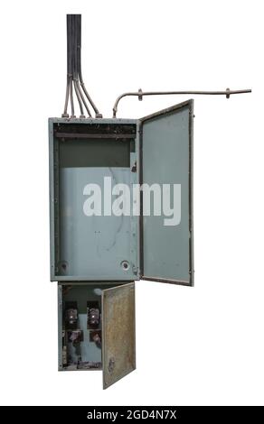 Empty old switchboard. Open distribution panel box isolated on white background Stock Photo