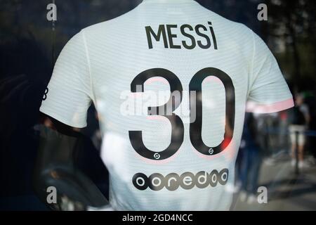 Paris, France. 11th Aug, 2021. Close up of the jersey of PSG's Argentinian football player Lionel Messi at the Paris-Saint-Germain (PSG) football club store on the Champs Elysees avenue in Paris on August 11, 2021. Messi signed on August 10, 2021 a two-year deal with PSG with the option of an additional year. The 34-year-old will wear the number 30 in Paris, the number he had when he began his professional career at Barca. Photo by Raphael Lafargue/ABACAPRESS.COM Credit: Abaca Press/Alamy Live News