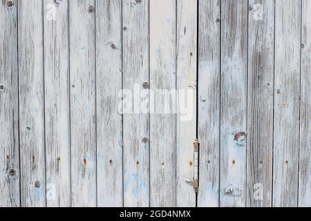 Closeup of old wooden vertical plank background. Aged pale blue painted doors, fence. Weathered timber panels. Grunge textured backdrop. Rough Stock Photo