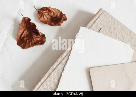 Autumn composition. Blank greeting card mockup, craft envelope and dry beech leaves on white linen table cloth background. Old book. Fall and Stock Photo