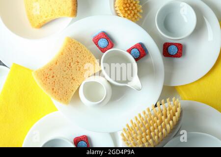 Concept of Dishwashing detergent accessories, top view Stock Photo