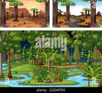 Set of different forest horizontal scenes illustration Stock Vector