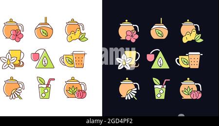 Tea and tea-like beverages light and dark theme RGB color icons set Stock Vector