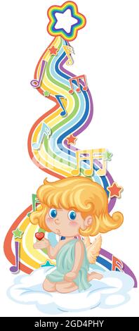 Cupid girl with melody symbols on rainbow wave illustration Stock ...