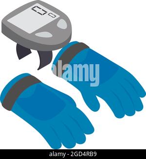 Cyclist accessory icon isometric vector. Cycling gloves, wireless bike computer. Bicycle speedometer computer, sport equipment Stock Vector