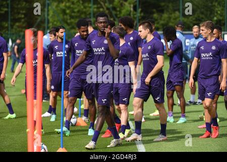 Anderlecht's players are pictured during a training session of RSCA Anderlecht, ahead of the match between Albanian club KF Laci and Belgian soccer te Stock Photo