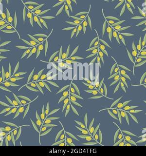 Green olive tree branches seamless vector pattern. Olive tree leaves repeating background. Hand drawn vector illustration repeat tile for fabric Stock Vector