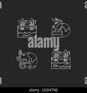 Environmental farming chalk white icons set on dark background Stock Vector