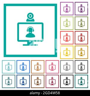 Video assistance flat color icons with quadrant frames on white background Stock Vector