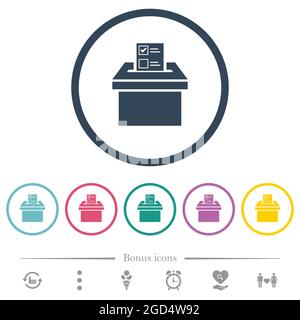 Voting paper and ballot box solid flat color icons in round outlines. 6 bonus icons included. Stock Vector