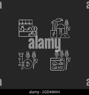 Agricultural innovations chalk white icons set on dark background Stock Vector