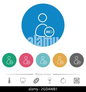 User processing outline flat white icons on round color backgrounds. 6 bonus icons included. Stock Vector