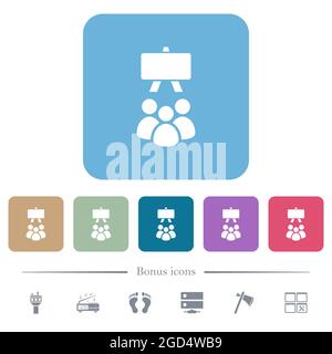 Classroom solid white flat icons on color rounded square backgrounds. 6 bonus icons included Stock Vector