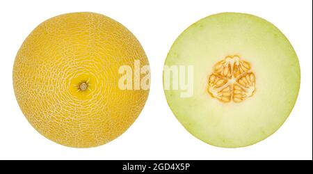 Galia melon halves, also sarda melon, isolated from above. Fresh, ripe fruit of Cucumis melo var. reticulatus, a sweet, aromatic melon. Stock Photo