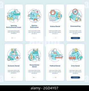 Climate skepticism and conspiracy onboarding mobile app page screen set Stock Vector